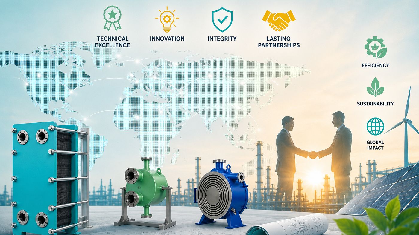 Plate, spiral and shell heat exchangers over a world map, with technical excellence, innovation, integrity, lasting partnerships, efficiency, sustainability and global impact