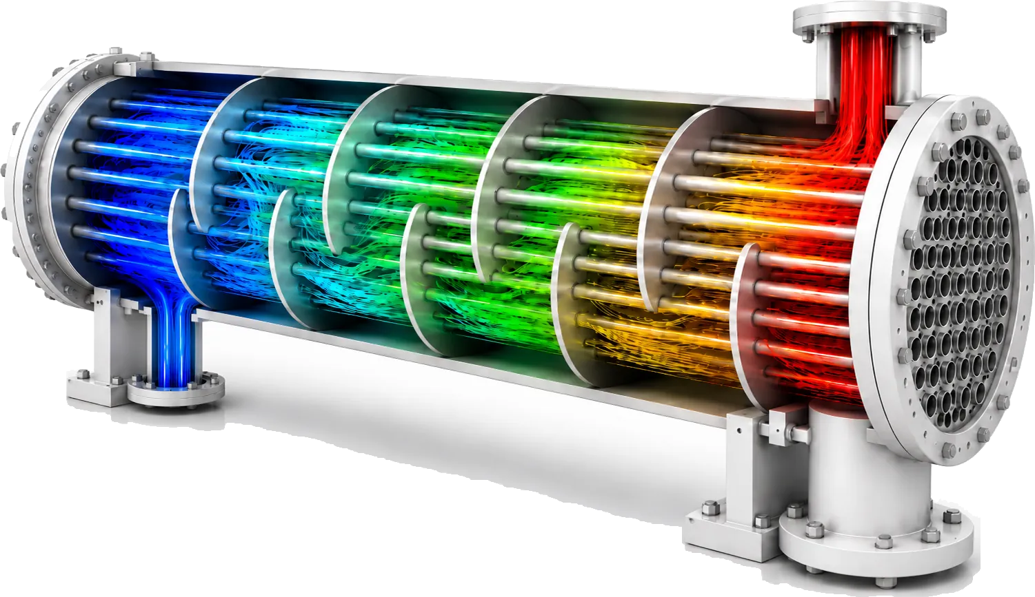 Cutaway shell and tube heat exchanger with CFD streamlines running from the cold blue inlet through the baffles to the hot red outlet