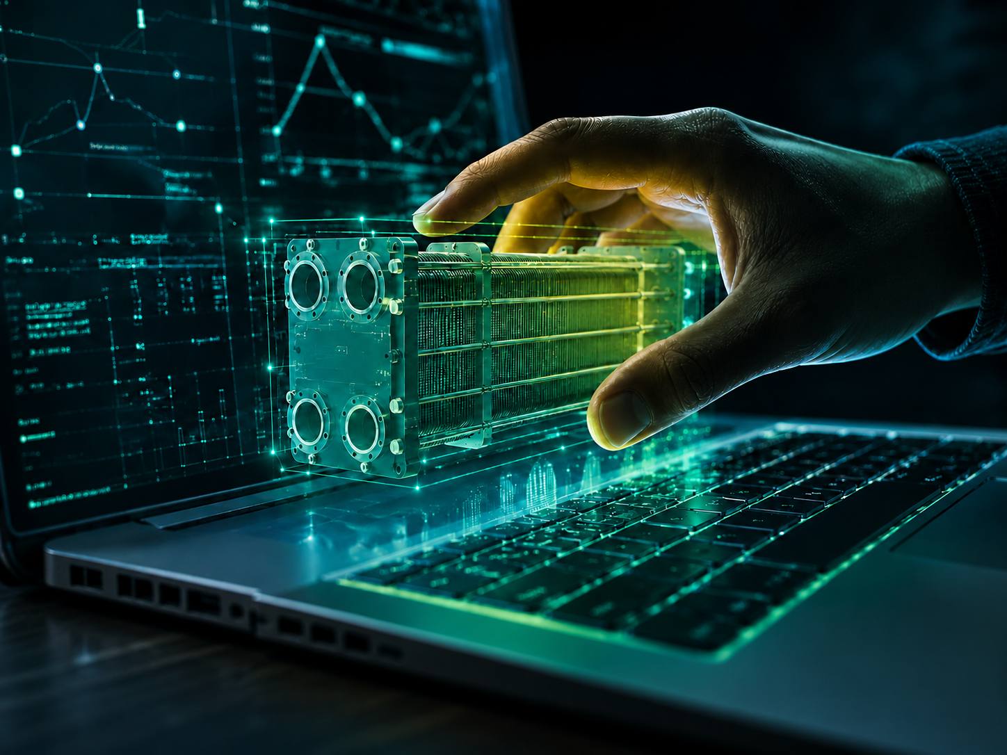 Plate heat exchanger rendered as a hologram above a laptop showing thermal design data